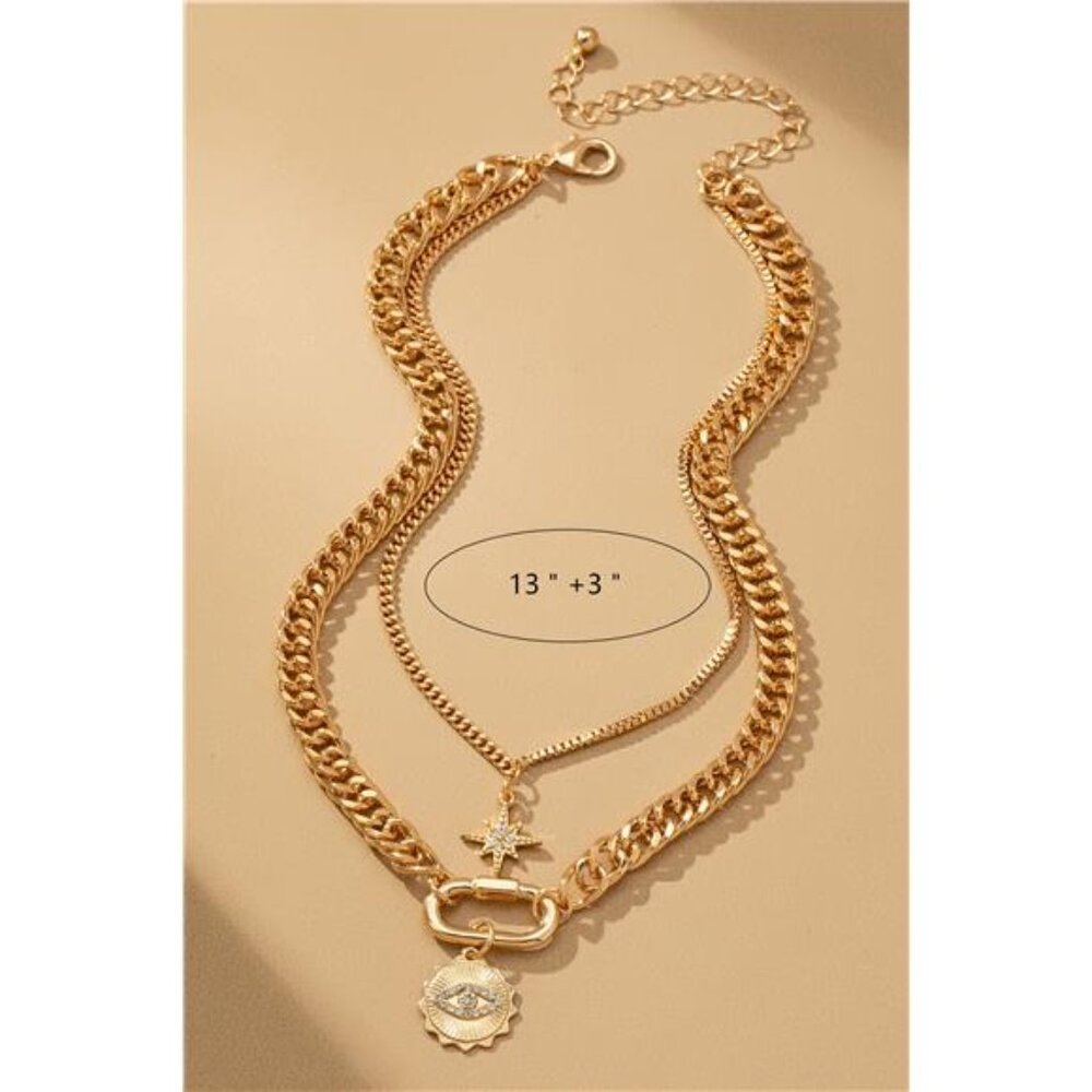 Layered gold chain necklace with eye and star